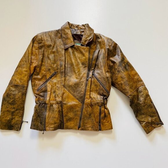Vintage 100% Leather Tan Brown Moto Bomber Zipper Biker Distressed Pockets Mediu